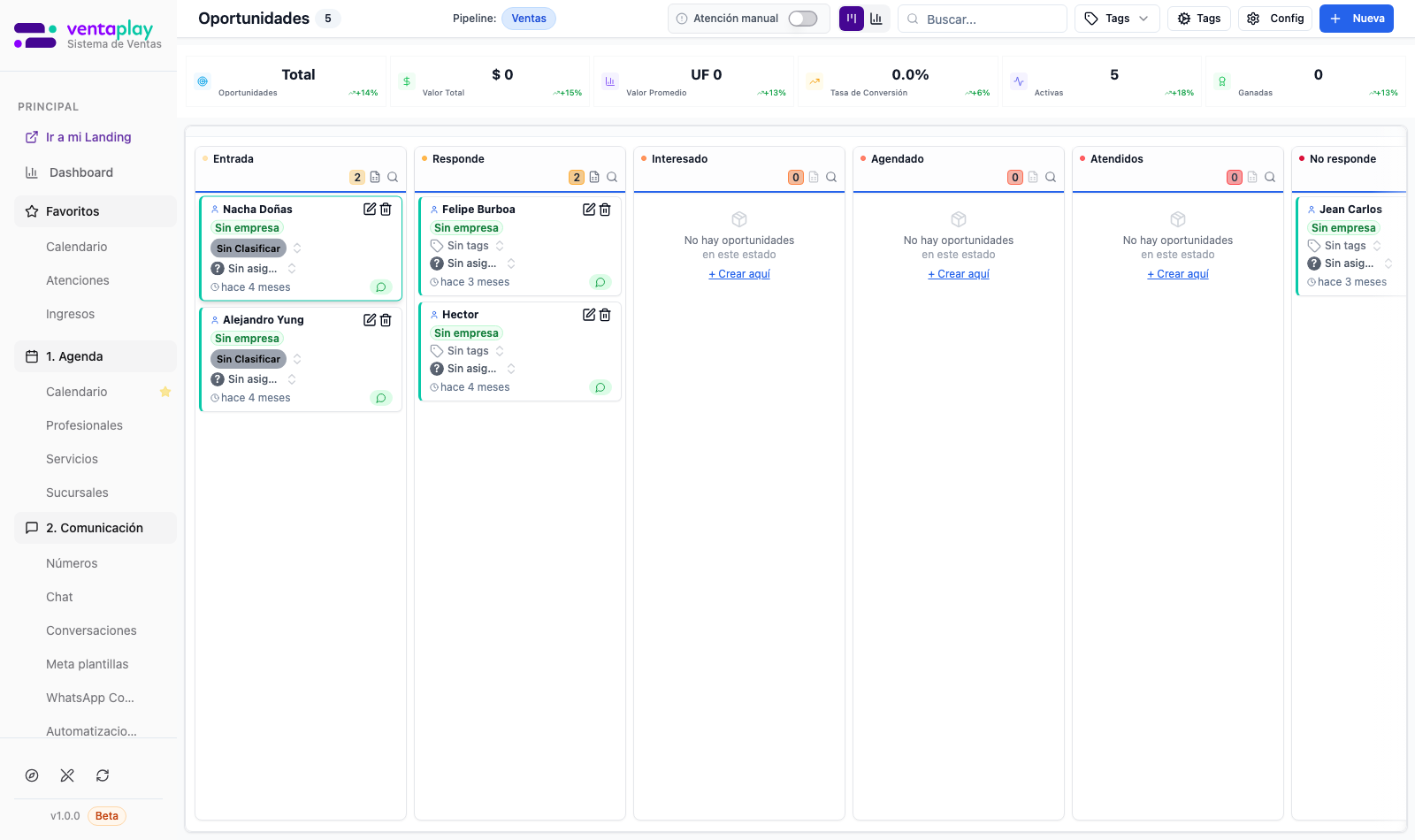 Kanban — mover oportunidad entre columnas — Resultado visual tras **arrastrar** una tarjeta entre columnas del funnel (sandbox). Si el estado destino exige tipificación, puede aparecer el flujo de razón antes de confirmar.