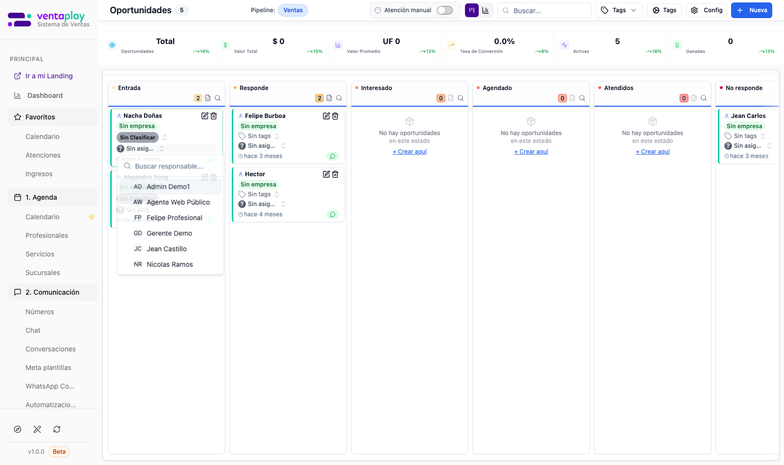 Reasignar responsable — selector en la tarjeta Kanban — Popover **Buscar responsable** abierto desde el combobox compacto de la tarjeta: acota operativamente qué negocios ve cada ejecutivo al cambiar asignación (no hay filtro global de responsable en el header).
