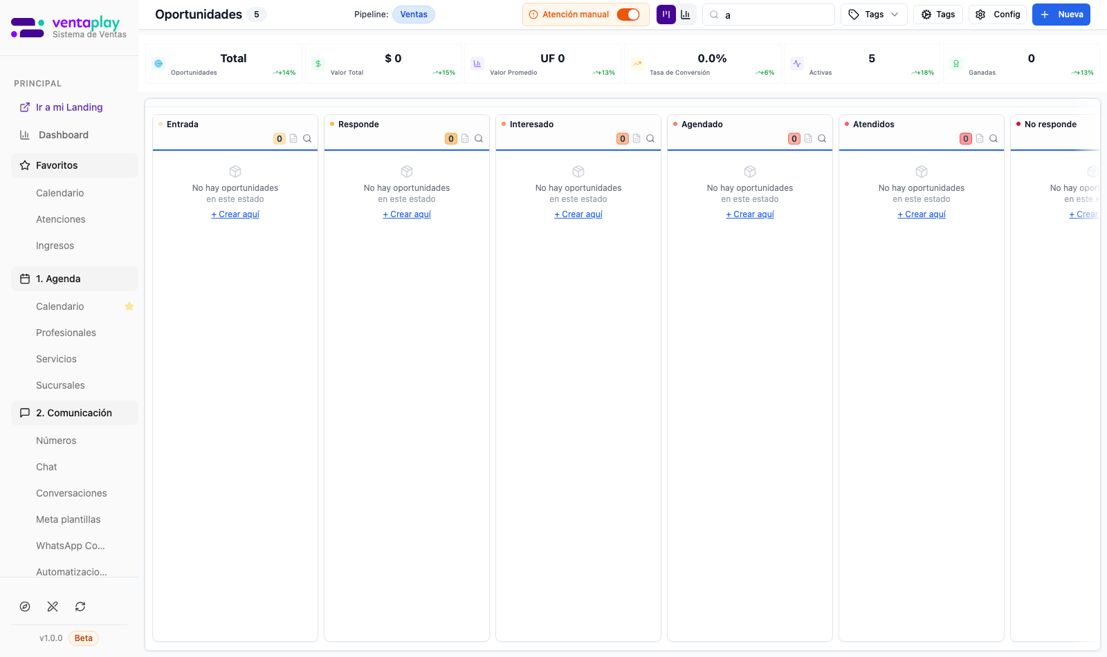 Filtros combinados — búsqueda, atención manual y tags — Header con **Buscar…** activo, toggle **Atención manual** y popover **Filtrar por Tags** abierto: ejemplo de lectura segmentada del pipeline sin confirmar acciones destructivas.