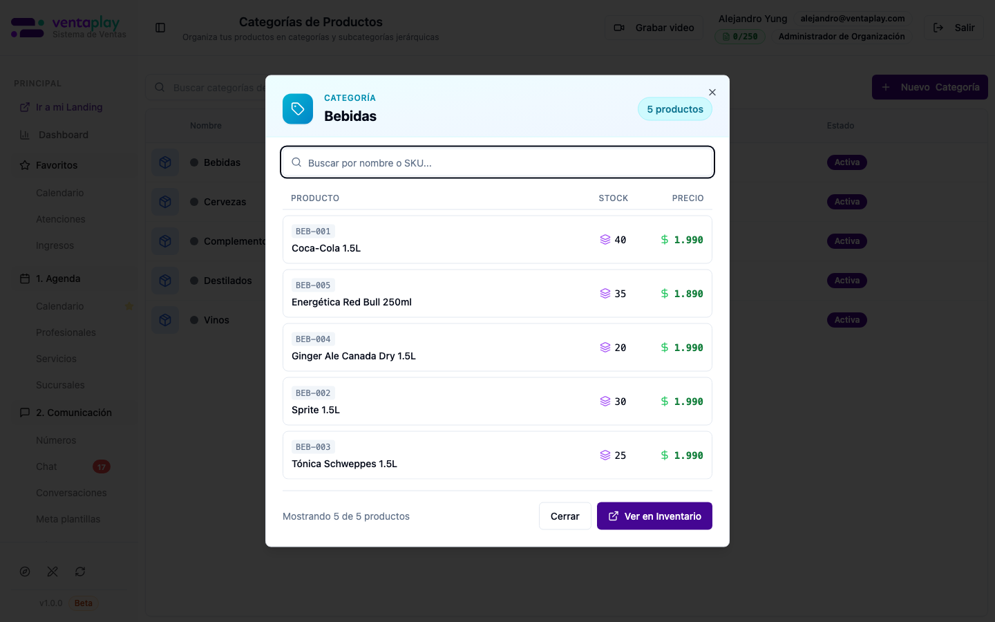 Modal Ver Productos — qué artículos reales cuelgan de la categoría — Consulta rápida de negocio: lista SKU, nombre, stock y precio de los productos asociados a la categoría, con buscador interno y botón **Ver en Inventario** para saltar al módulo de stock ya filtrado.