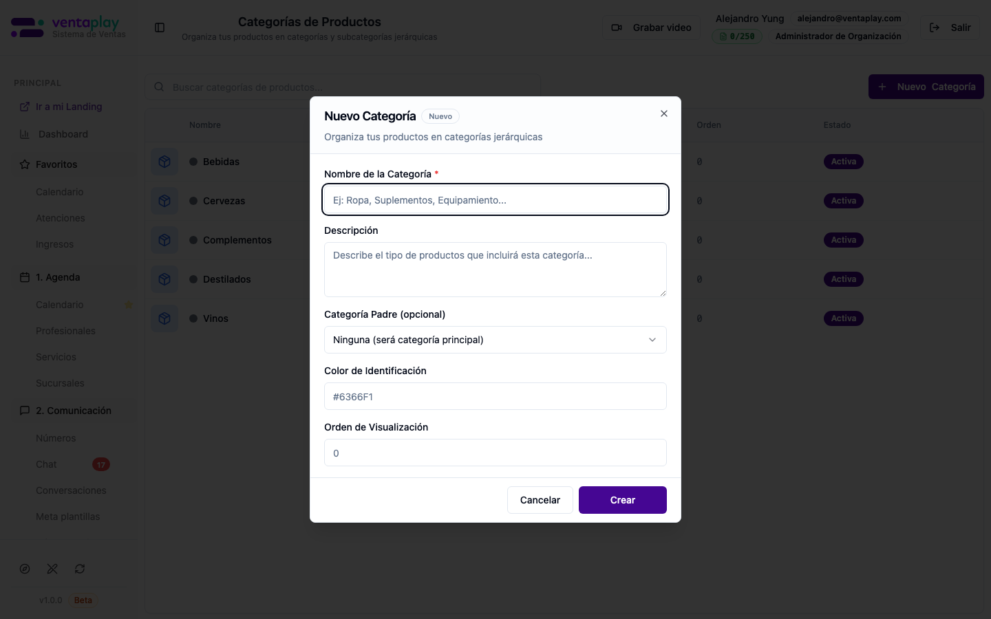 Modal Nueva Categoría — alta de padre o subcategoría — Formulario de creación con nombre obligatorio, descripción opcional, categoría padre, color y orden. Es el punto donde se define si la nueva etiqueta será una familia principal o una subcategoría dentro de otra.