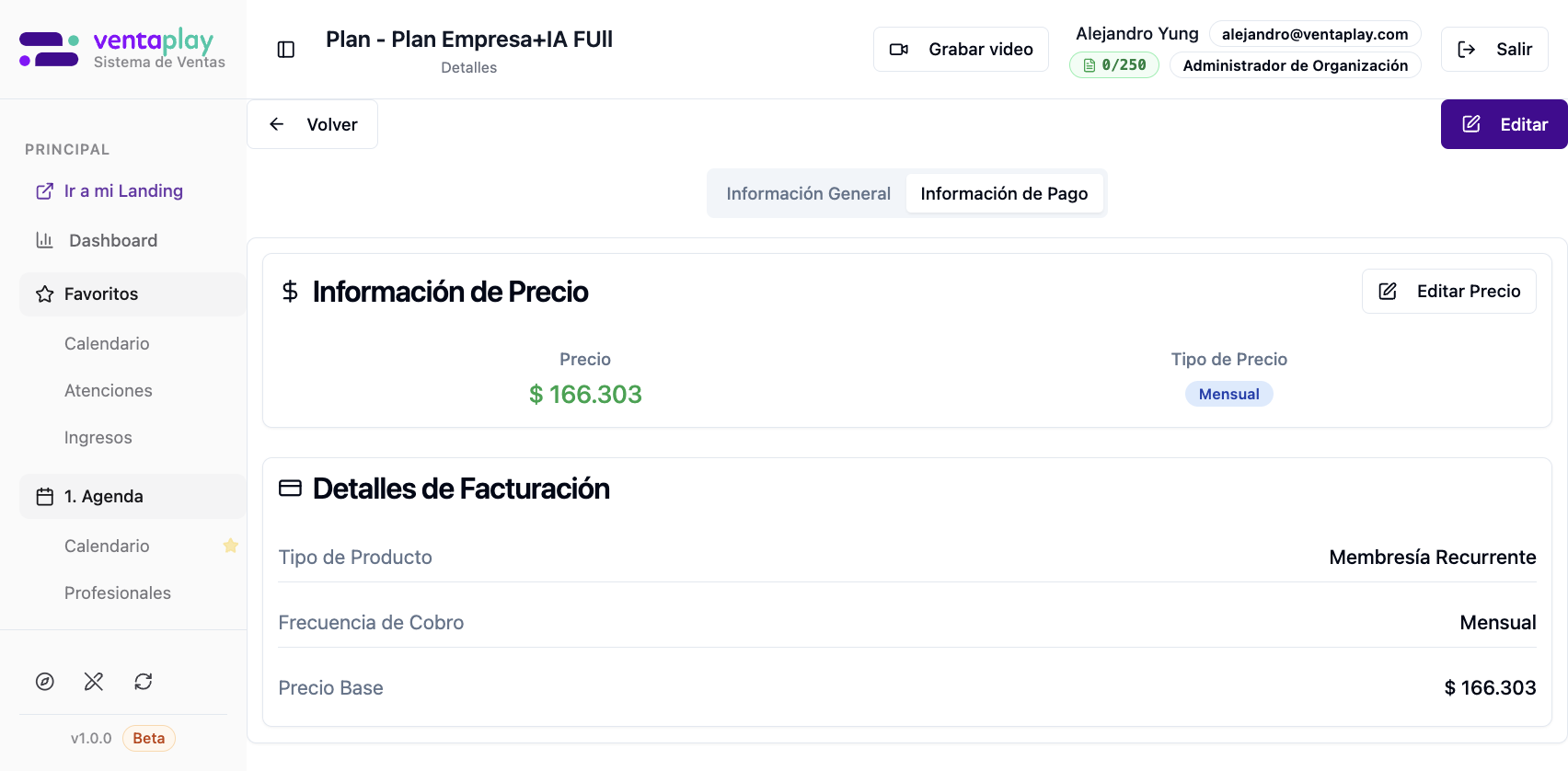 Detalle — pestaña Información de Pago — Información de Precio con monto en CLP, tipo Mensual y botón Editar Precio. Bloque Detalles de Facturación: tipo Membresía recurrente, frecuencia mensual y precio base.