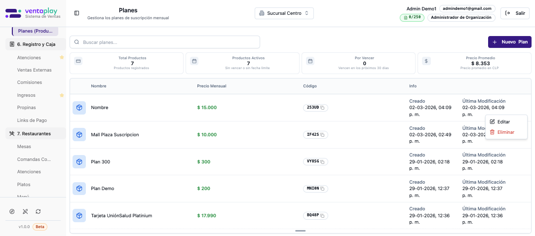 Listado — menú de fila con acciones Editar y Eliminar — Misma tabla de planes con el menú ⋯ visible al hover. La captura valida que las acciones operativas viven al final de cada fila y que Eliminar es un camino separado del detalle.