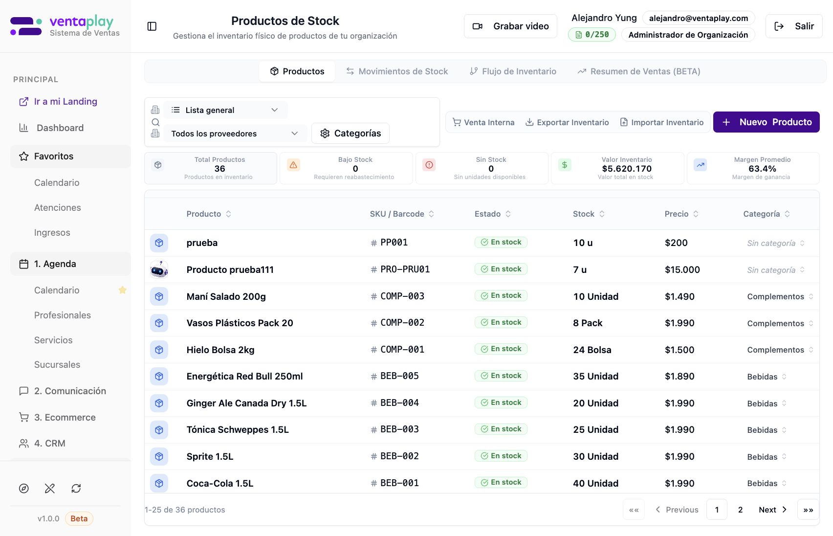 Tab Productos — KPIs, filtros y tabla — Cuatro sub-pestañas superiores; barra búsqueda; Lista general y proveedores; Categorías; Venta Interna / Exportar / Importar; KPIs Total/Bajo/Sin/Valor/Margen; tabla con SKU, estado En stock, stock con unidad, precio y categoría editable.