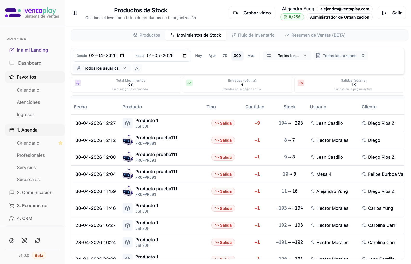 Tab Movimientos — rango 30D y tabla auditoría — Presets de fecha, filtros tipo/razón/usuario, exportar; KPIs total movimientos y entradas/salidas de página; filas Salida con cantidades negativas y stock antes→después.