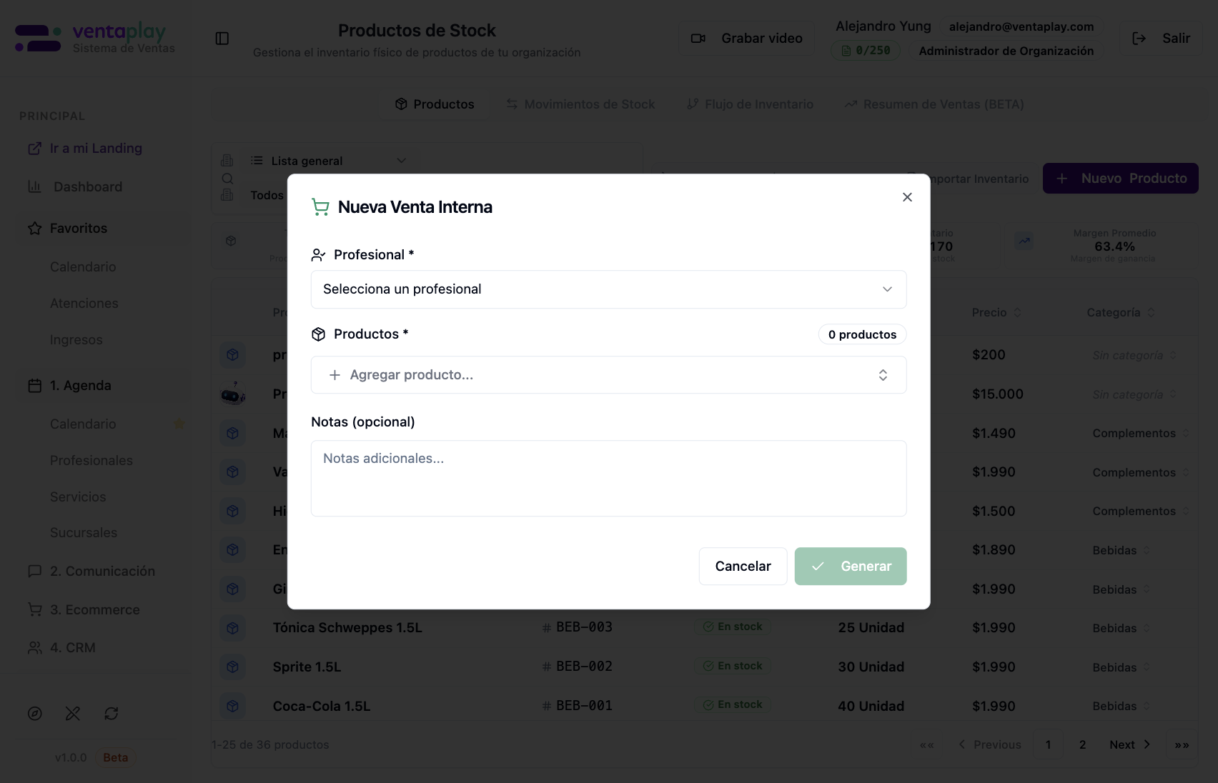 Modal Nueva Venta Interna — Profesional obligatorio, agregar productos con cantidades, notas opcionales; Cancelar y Generar (deshabilitado hasta datos válidos).