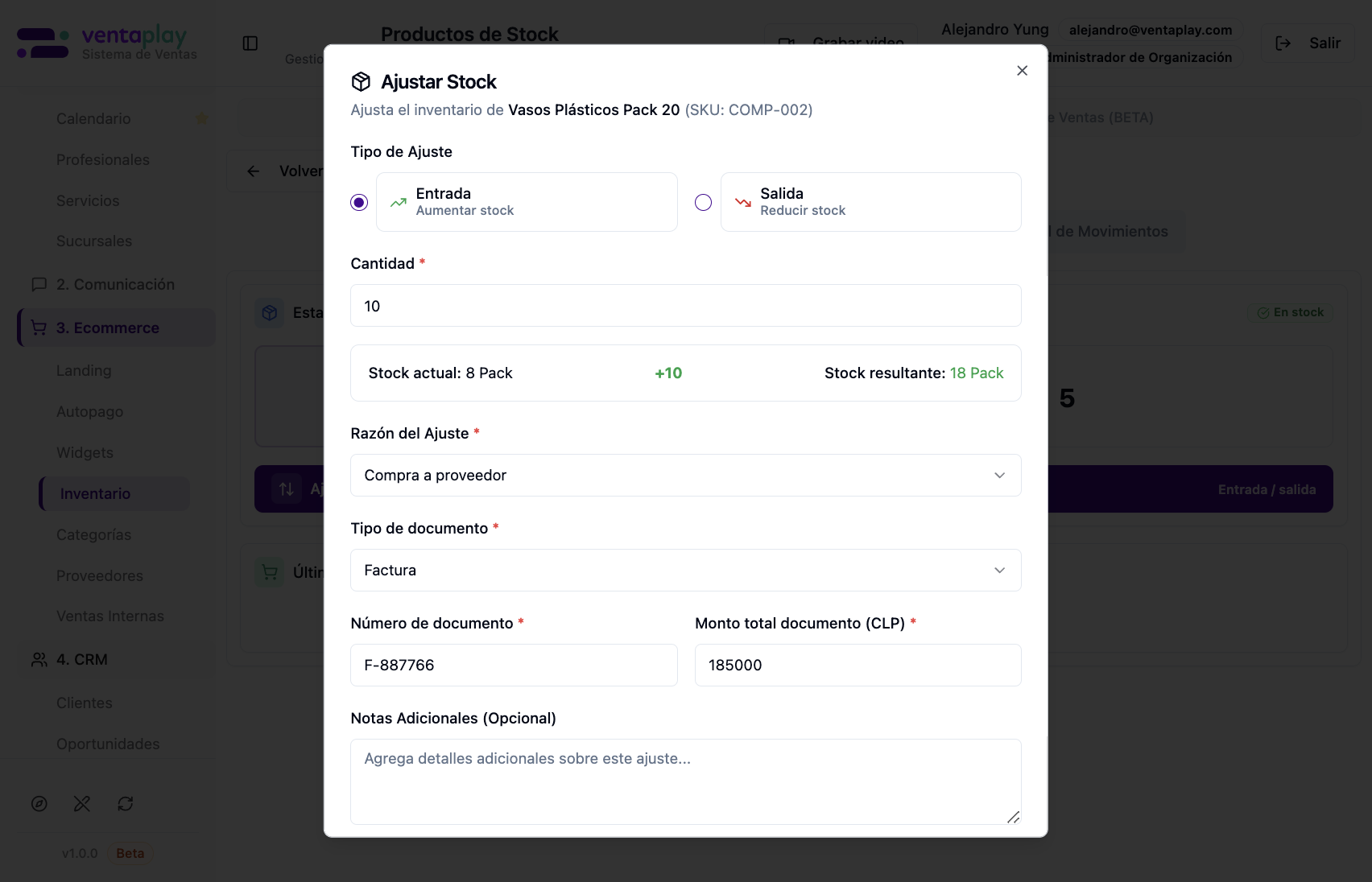 Ajustar Stock — Compra a proveedor con Factura — Ejemplo de entrada con **Compra a proveedor**, tipo **Factura**, folio y monto CLP; barra **stock actual → resultado** para validar impacto antes de confirmar. Captura de referencia — cerrar sin **Confirmar** en doc.