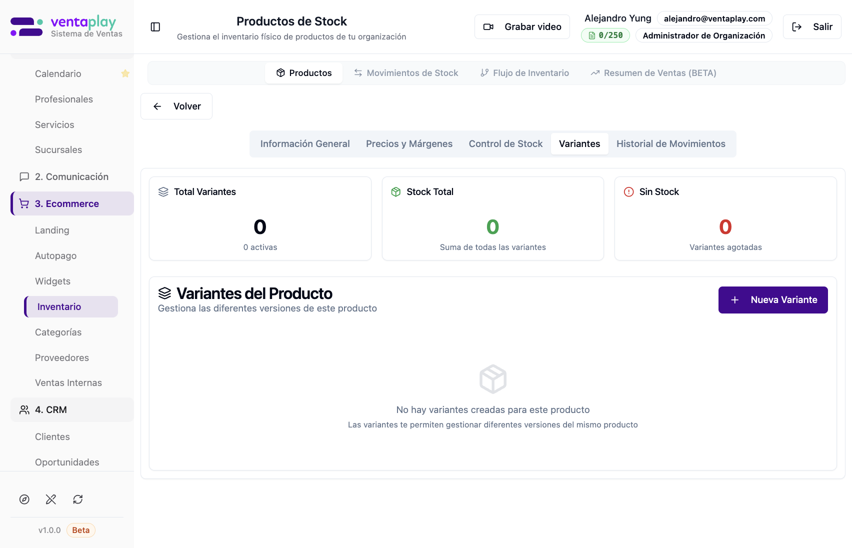 Detalle — Variantes (presentaciones del mismo producto) — Tablero de variantes: totales, stock agregado y botón **Nueva variante**; si no hay variantes, empty state explicando que permiten gestionar tallas, sabores o empaques bajo un mismo producto padre.