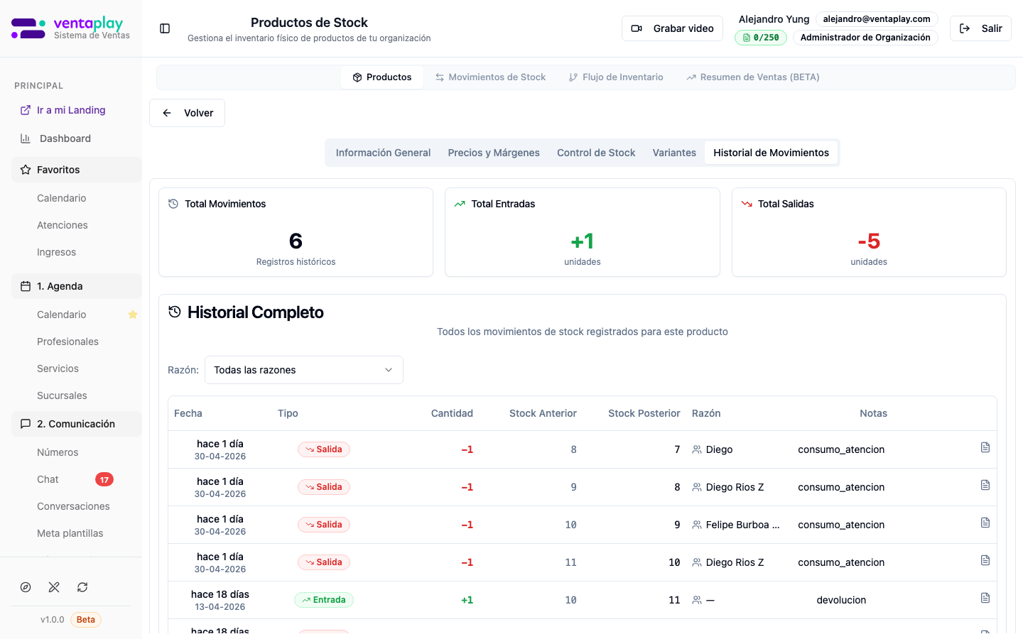 Detalle — Historial de Movimientos (historia del SKU) — Trazabilidad operativa: KPIs de movimientos y entradas/salidas netas; tabla Fecha, Tipo, Cantidad, Stock anterior/posterior, Razón, Notas; filtro por razón del movimiento. Responde «qué le pasó al stock» sin salir del producto.