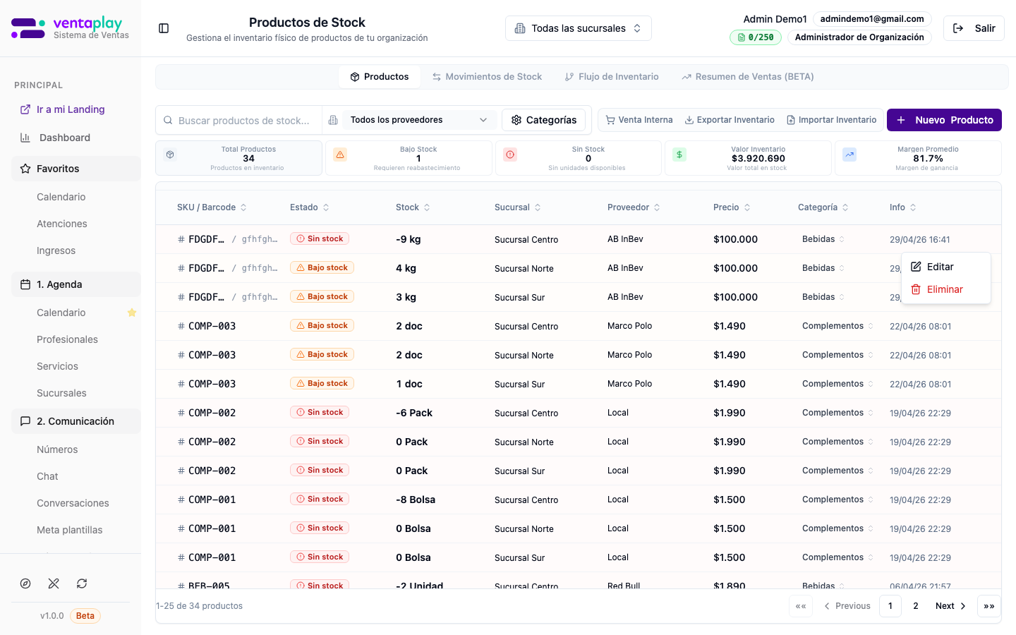 Tab Productos — menú ⋯ de fila (Editar y Eliminar) — Tras hover sobre una fila, el menú de tres puntos muestra **Editar** (equivale a abrir detalle) y **Eliminar** (destructivo con confirmación). Documenta el atajo cuando el clic en la fila no responde por scroll dual.