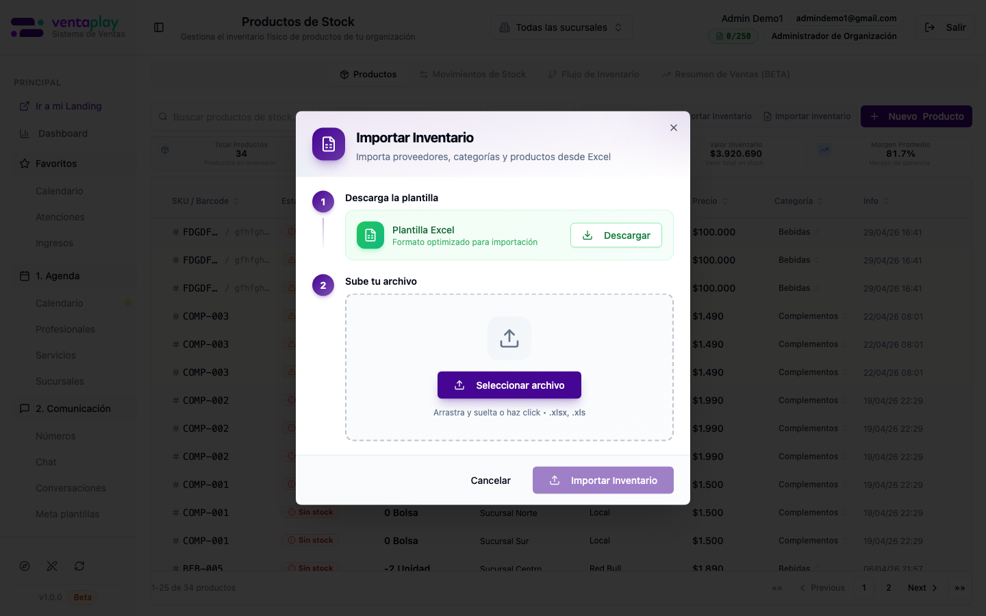 Modal Importar inventario (archivo Excel) — Formulario de importación masiva: descarga de plantilla, selector de archivo y advertencias; captura sin ejecutar la carga. Complementa **Exportar** para auditorías y migraciones de catálogo.