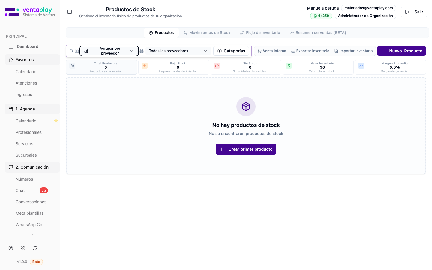 Tab Productos — Agrupar por proveedor — Selector **Lista general | Agrupar por proveedor** (solo cuando la org no usa multi-sucursal): tabla agrupada por proveedor con subtotales. Captura de referencia con org de prueba sin sucursales múltiples.