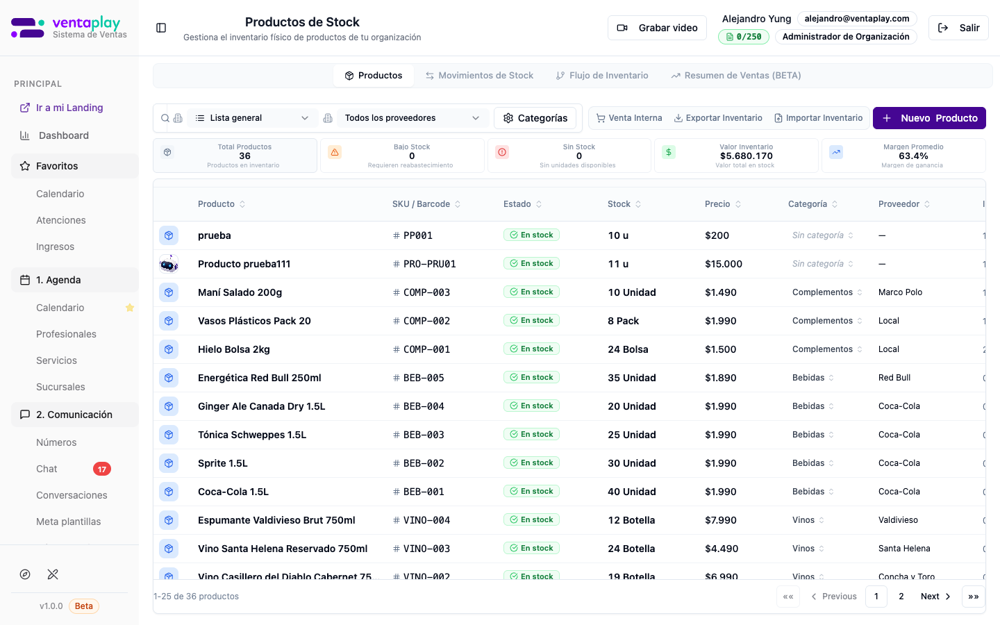 Tab Productos — inventario