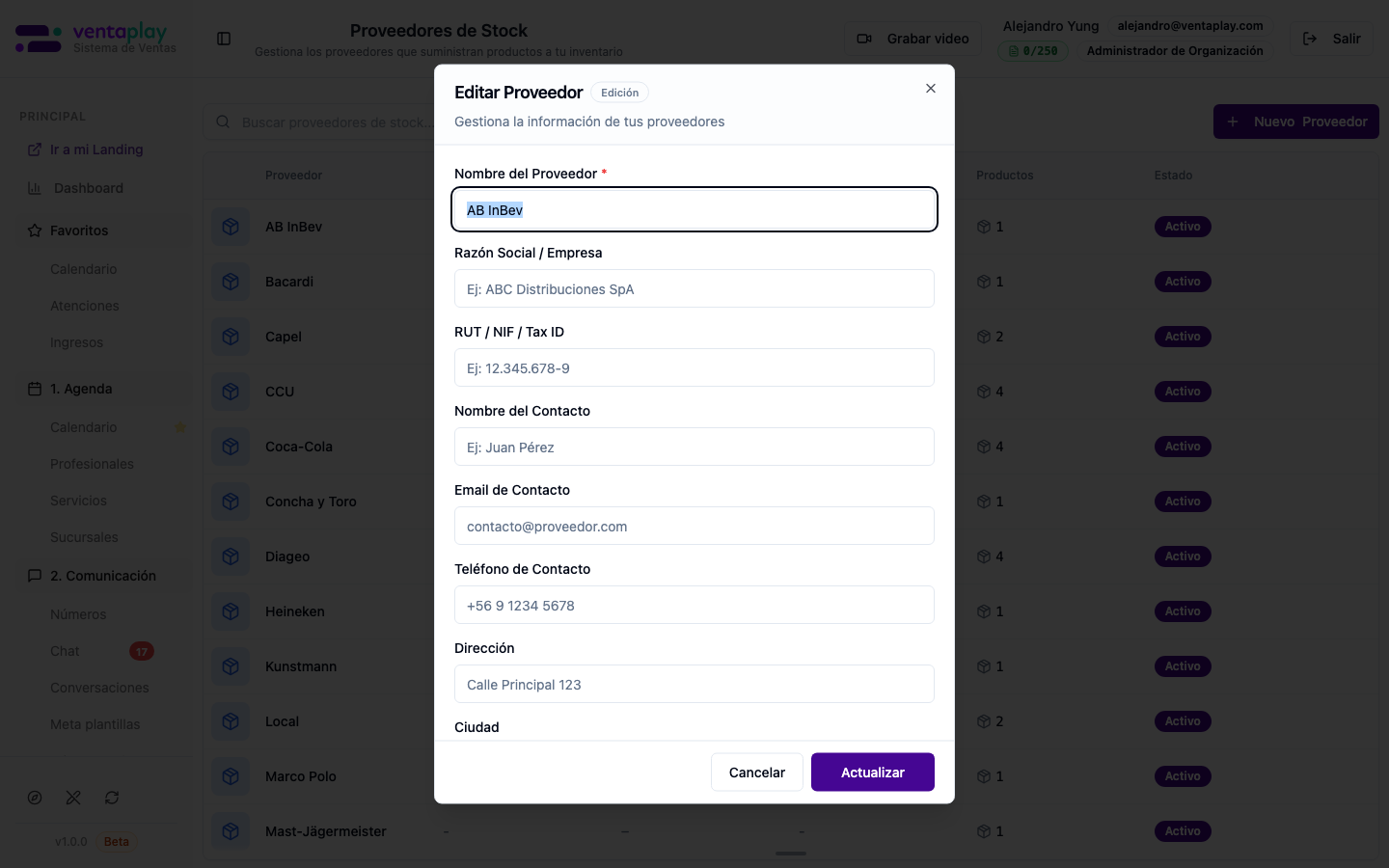 Modal Editar Proveedor — datos comerciales y de contacto — Edición sobre la misma pantalla: nombre, razón social, RUT, persona de contacto, email, teléfono y dirección. Aquí se mantiene la ficha maestra del proveedor sin afectar stock ni movimientos históricos.