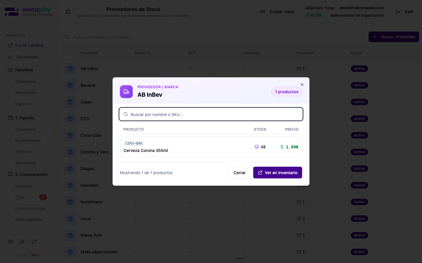 Modal Ver Productos — SKUs que dependen del proveedor — Consulta rápida de negocio: listado de productos activos asociados al proveedor con SKU, stock y precio, más acceso directo a **Ver en Inventario** para continuar el análisis dentro de Productos / Stock.