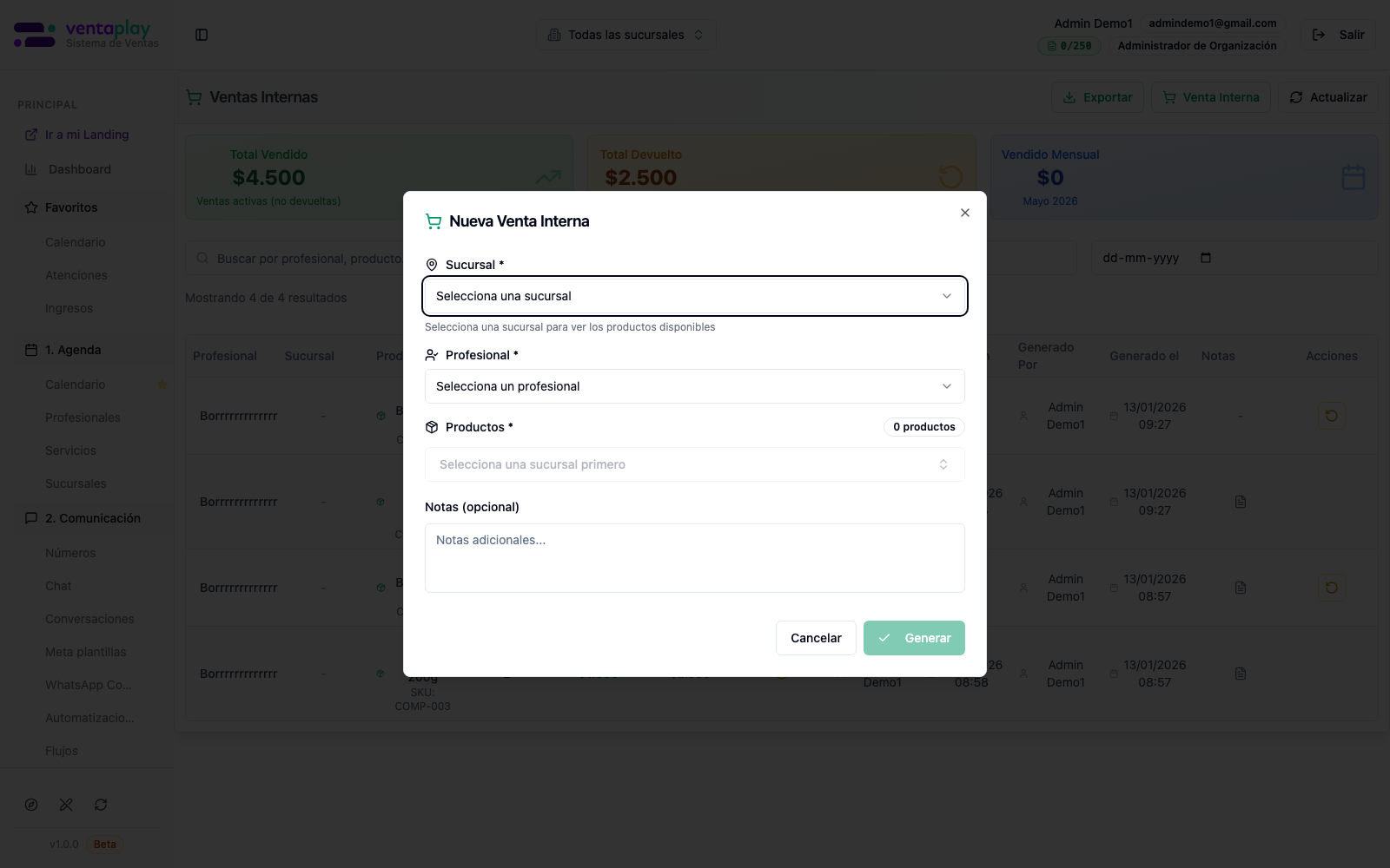 Modal Nueva Venta Interna — profesional, productos y notas — Formulario de creación desde el módulo: profesional obligatorio, selector de productos, notas opcionales y botón Generar. Aquí se inicia la salida interna de stock asociada a una persona del equipo.