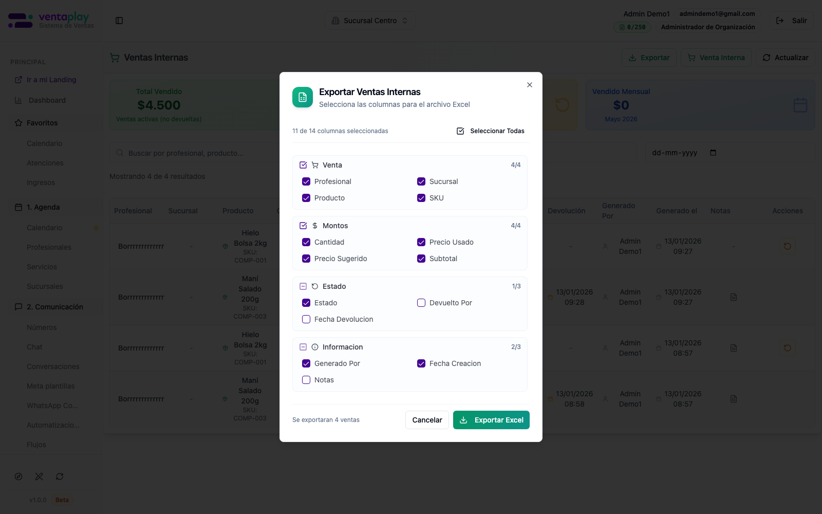 Modal Exportar Ventas Internas — columnas para Excel — Configuración de exportación por grupos de columnas (venta, montos, estado e información). Permite adaptar el Excel según si el análisis es comercial, operativo o de devoluciones.