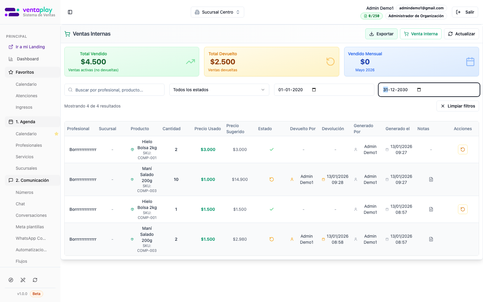 Historial — tabla con líneas reales — KPIs arriba y tabla por línea con **Precio usado** vs **Precio sugerido**, estado (check verde o icono de devolución), sucursal si aplica, fechas y columna de acciones. Rango de fechas ampliado para mostrar historial.