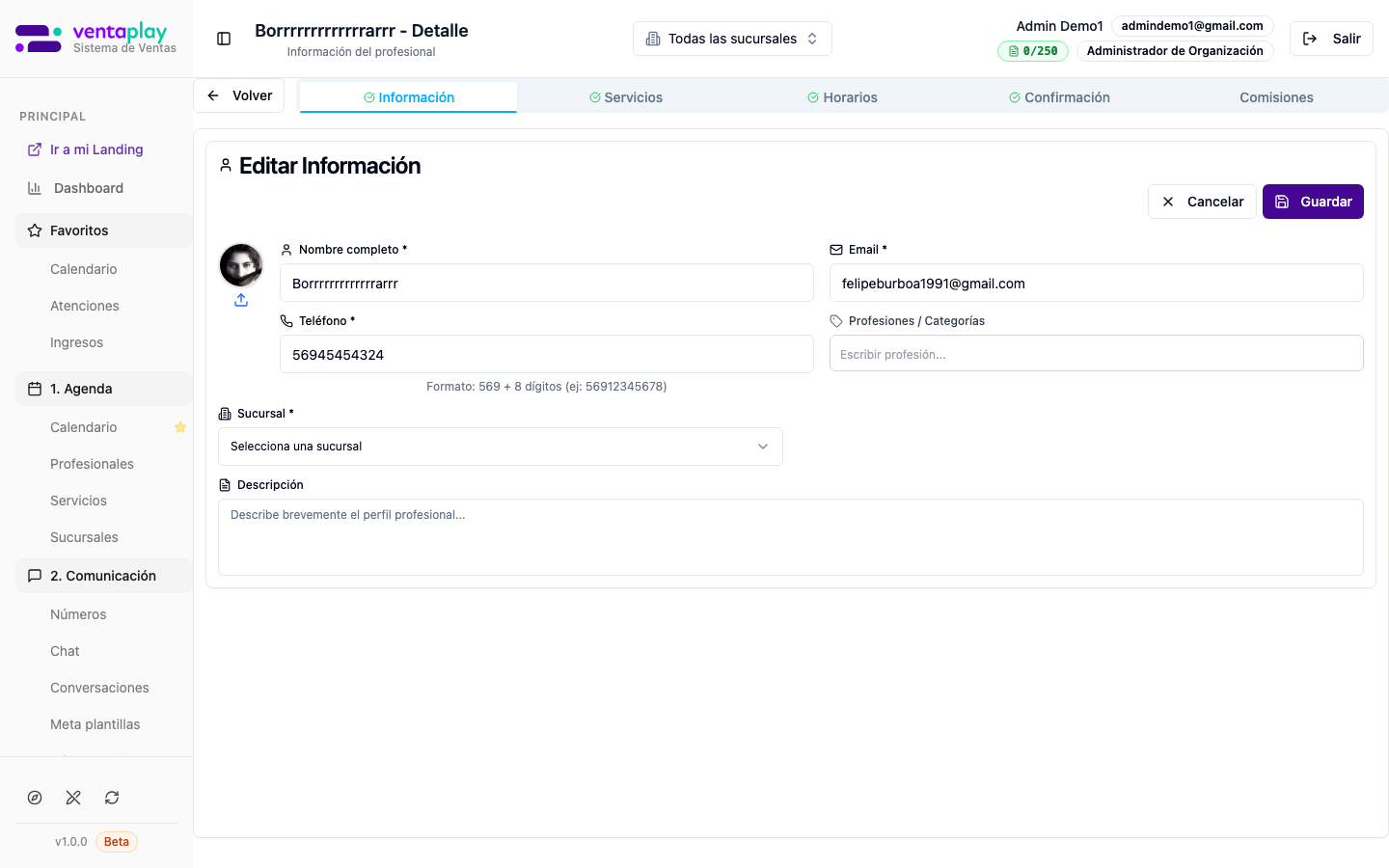 Tab Información — modo edición (`?edit=true`) — El botón **Editar** agrega `?edit=true` a la URL y despliega los mismos campos en modo formulario (guardar / cancelar). Es el camino habitual para corregir datos base, foto o sucursal sin pasar por el menú contextual del listado.