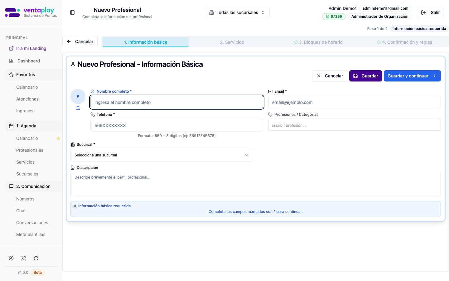 Alta — formulario en `/profesionales/nuevo` — El botón **Nuevo Profesional** no abre modal: navega a la ficha en modo creación (`temp-new`). Se ven nombre, email, teléfono, categorías, descripción, foto y sucursal cuando la org tiene sucursales; las demás tabs se habilitan tras guardar la base.
