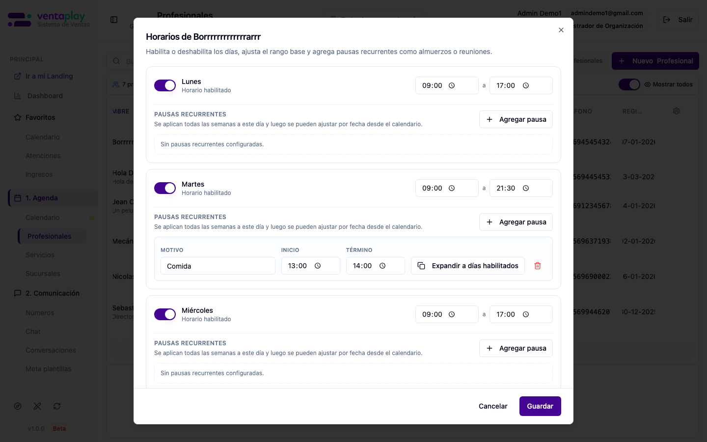 Habilitar horarios — modal rápido desde la fila — Desde el menú **⋯** de cada fila, **Habilitar horarios** abre un modal dedicado (`Horarios de …`) para presets o ajustes rápidos sin entrar aún a la ficha completa en la tab Horarios. Complementa el flujo cuando hay que destrabar agenda cerrada o plantillas repetibles.