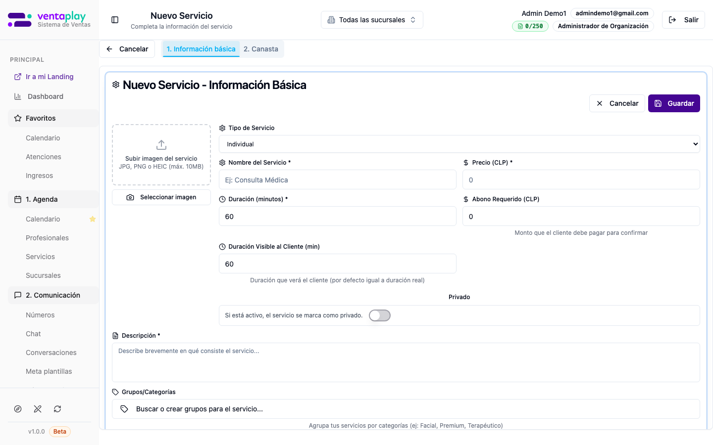 Alta — `/servicios/nuevo` (misma ficha que el detalle) — **Nuevo Servicio** navega a la ficha en creación: tabs Información / Canasta / Comisión (según rol), selector Individual vs Pack y campos comerciales. Tras **Guardar**, la app vuelve al listado; completar canasta o comisión implica reabrir el servicio.