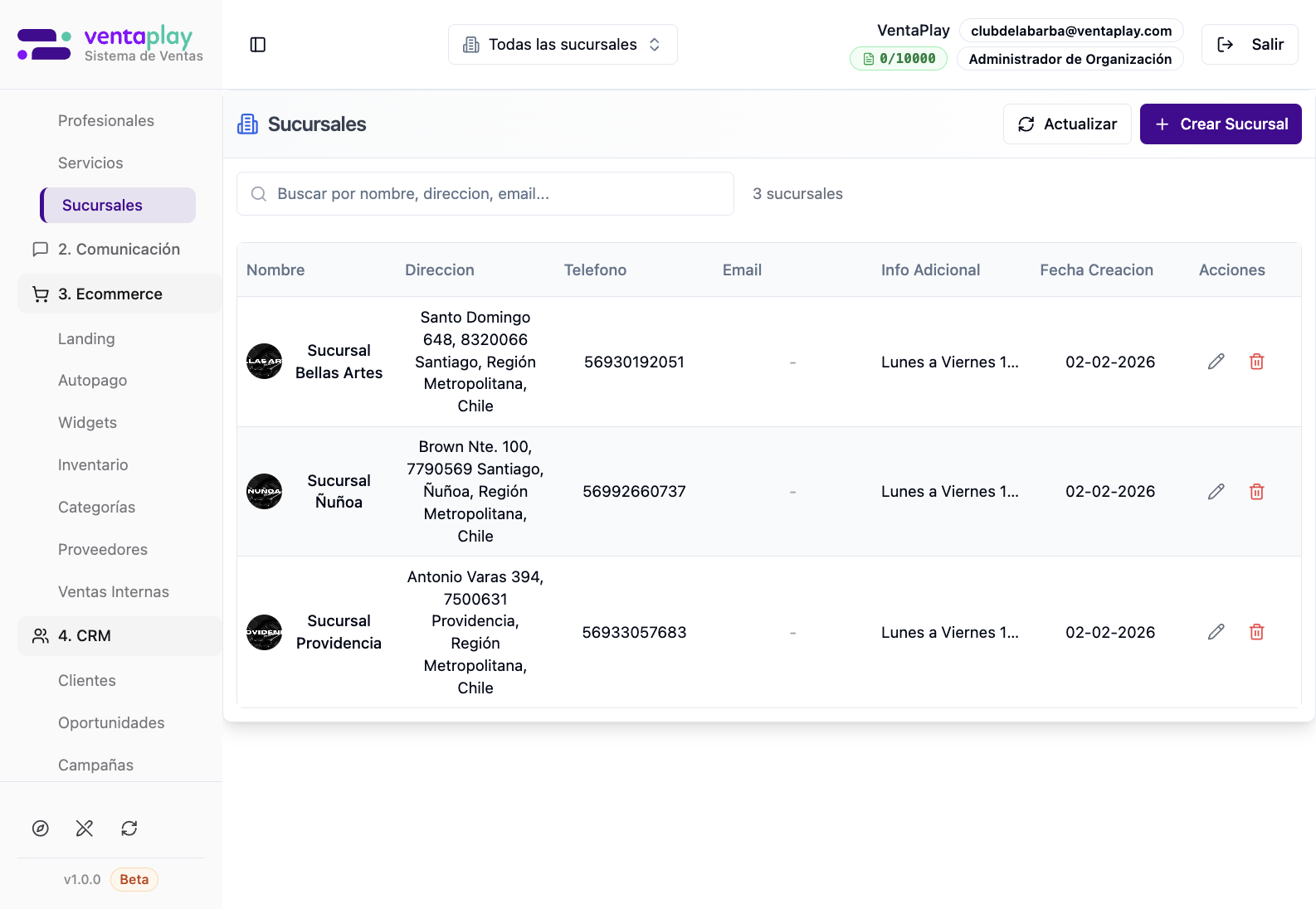 Listado multisucursal real — tres sedes activas — Vista de una organización con 3 sucursales cargadas: Bellas Artes, Ñuñoa y Providencia. Se aprecia el selector global de sucursal en el header y la tabla con direcciones, teléfonos, info adicional y acciones por fila.
