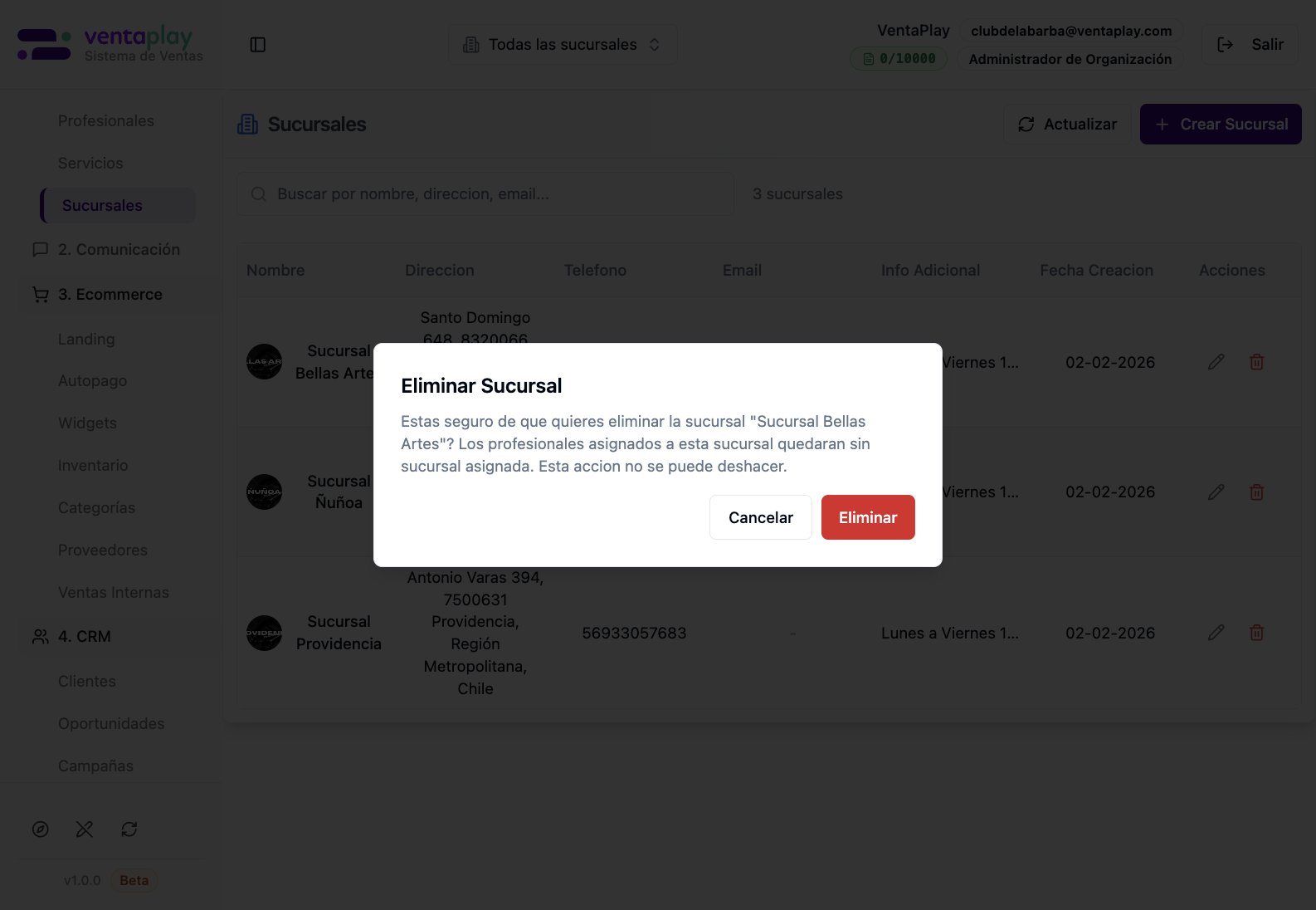 Eliminar sucursal — impacto sobre profesionales asignados — Diálogo de confirmación que aclara el efecto real del borrado: la sucursal se elimina, pero los profesionales vinculados quedan sin sucursal asignada en vez de ser borrados.
