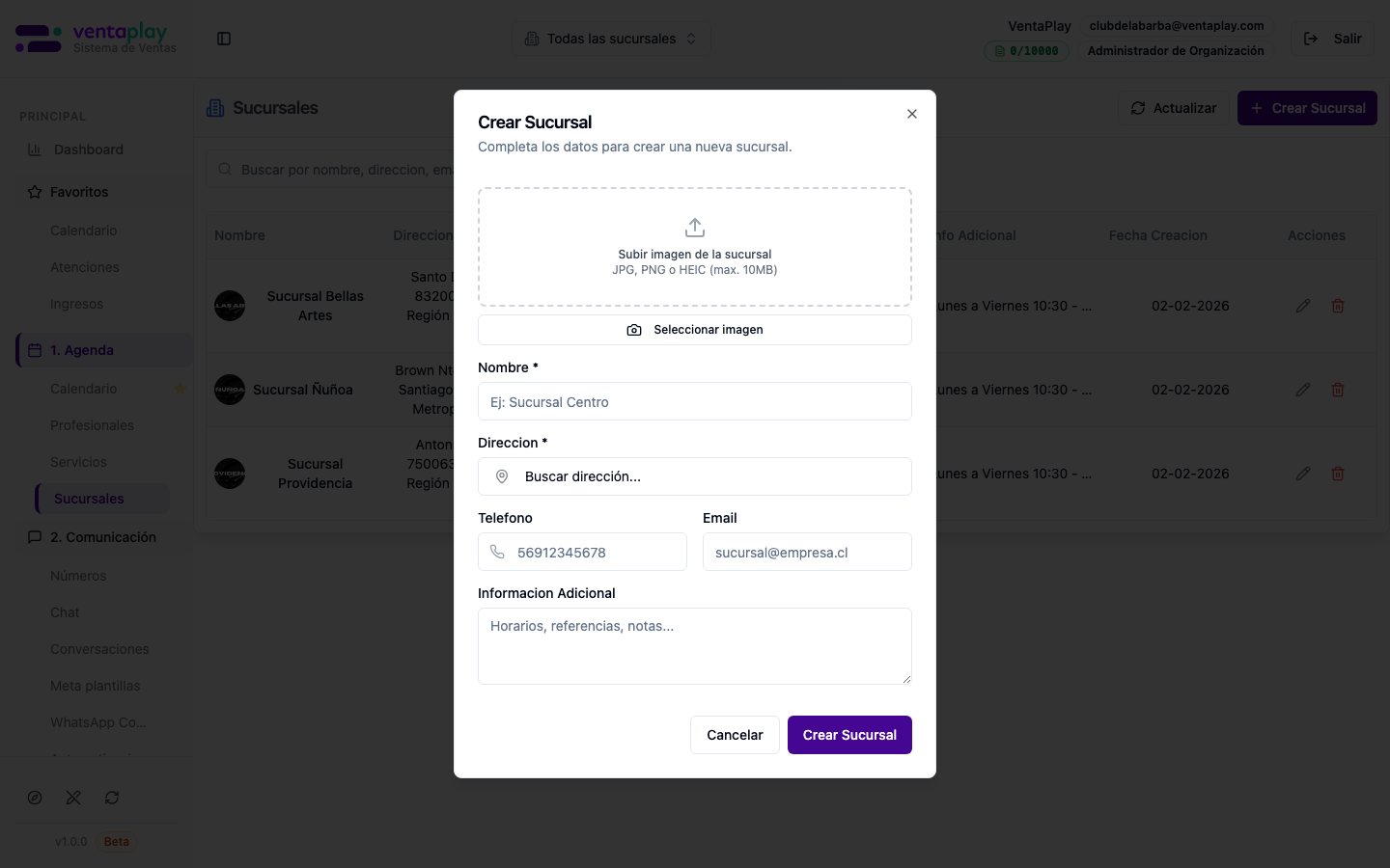 Crear sucursal — modal vacío (alta desde cero) — Formulario **Crear Sucursal** con foto, nombre, dirección con autocompletado y mapa, teléfono, email e información adicional. Captura sin guardar; cierra con **Escape** o Cancelar.