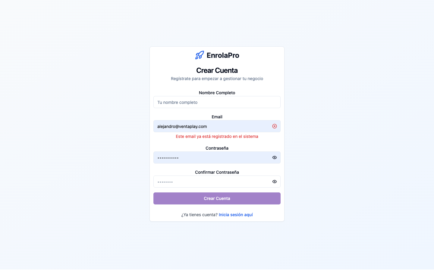 Formulario de registro con email duplicado