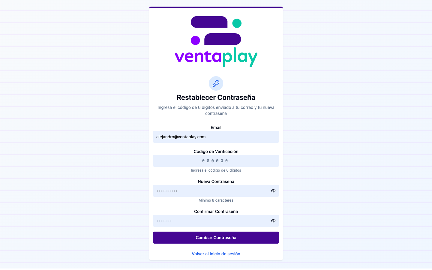 Formulario de reset con OTP
