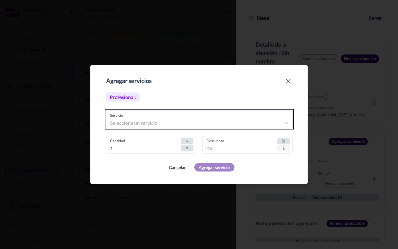 Modal Agregar servicios