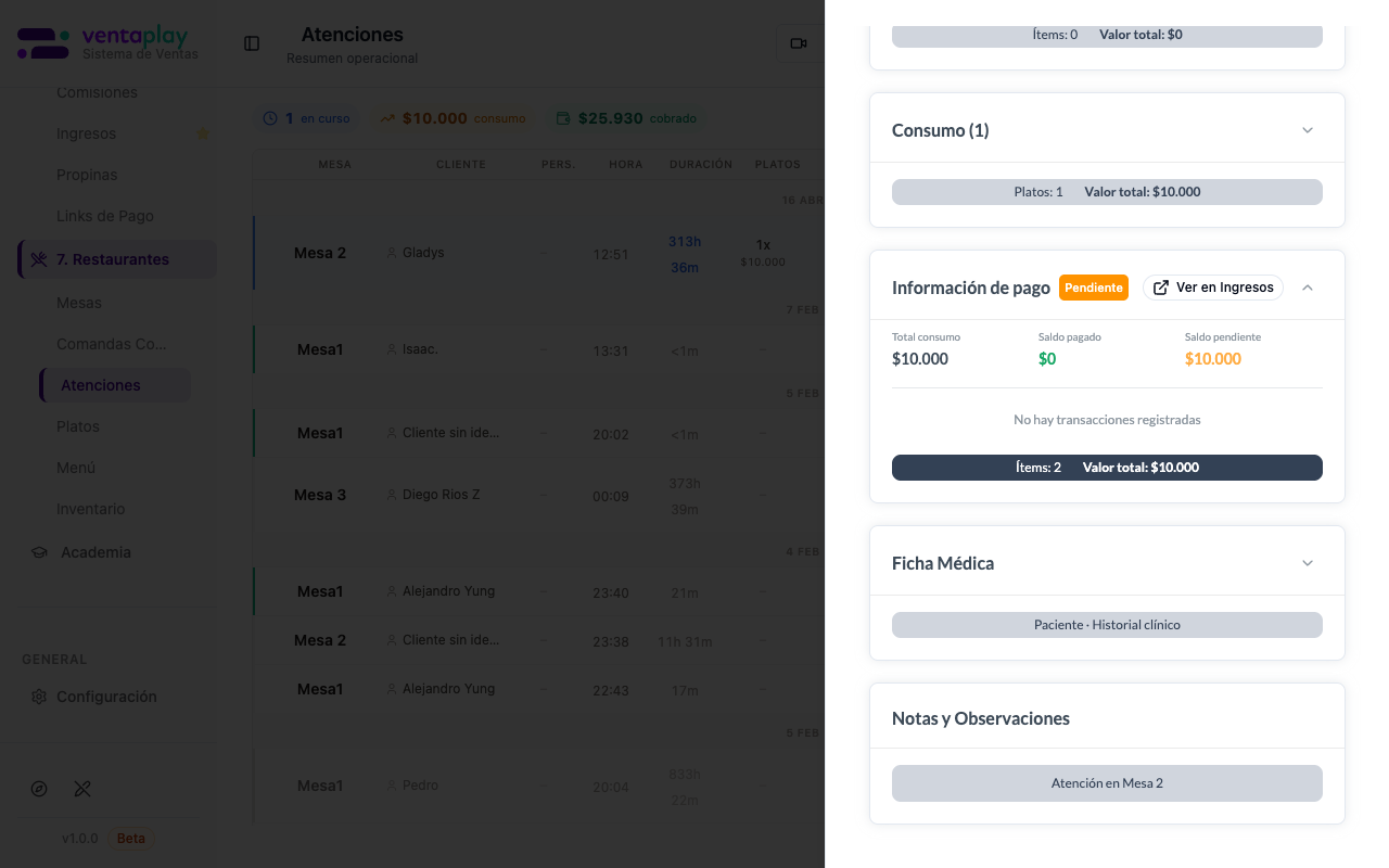 Consumo + Información de pago + Notas