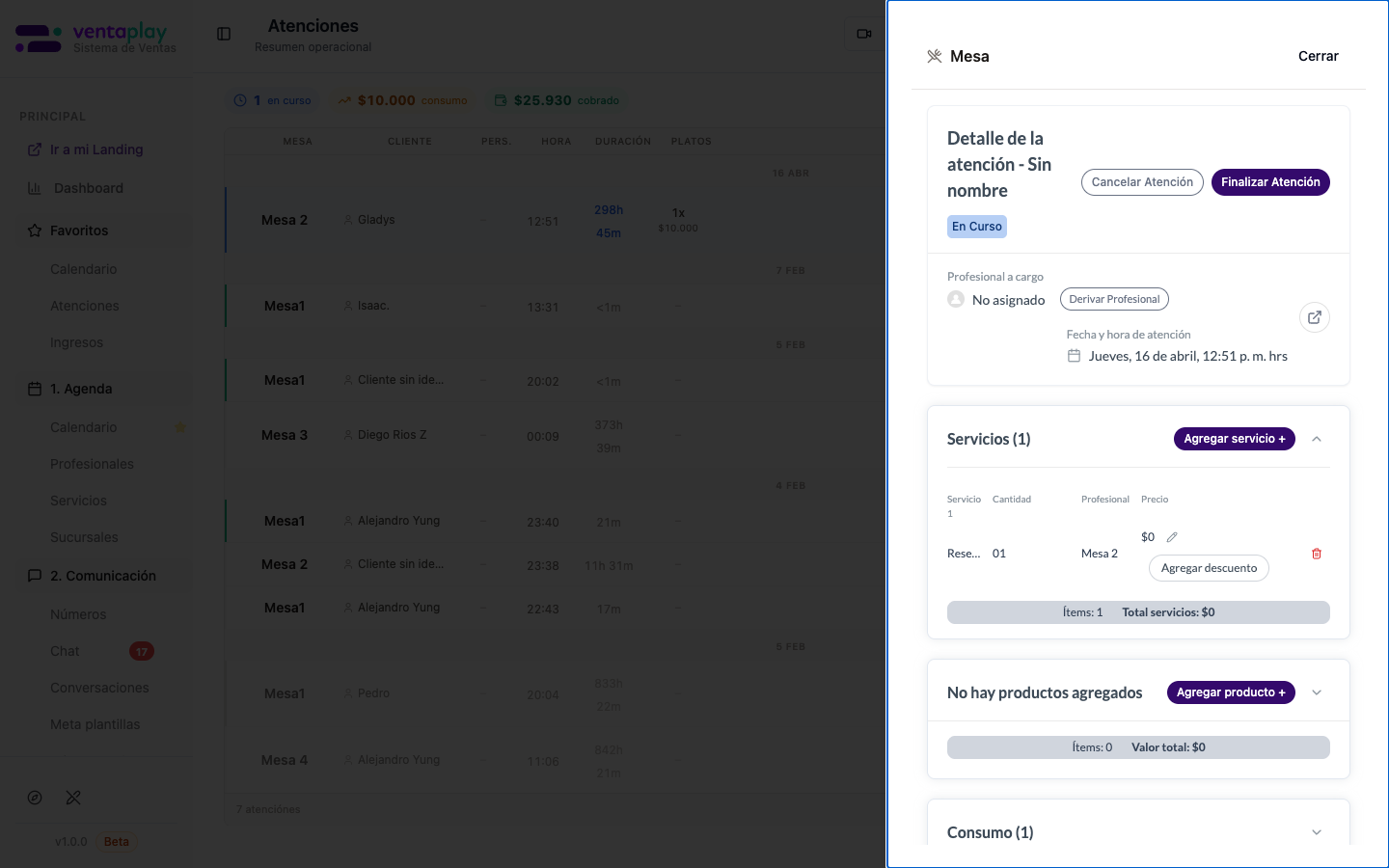Drawer de detalle (Mesa 2 - Gladys)
