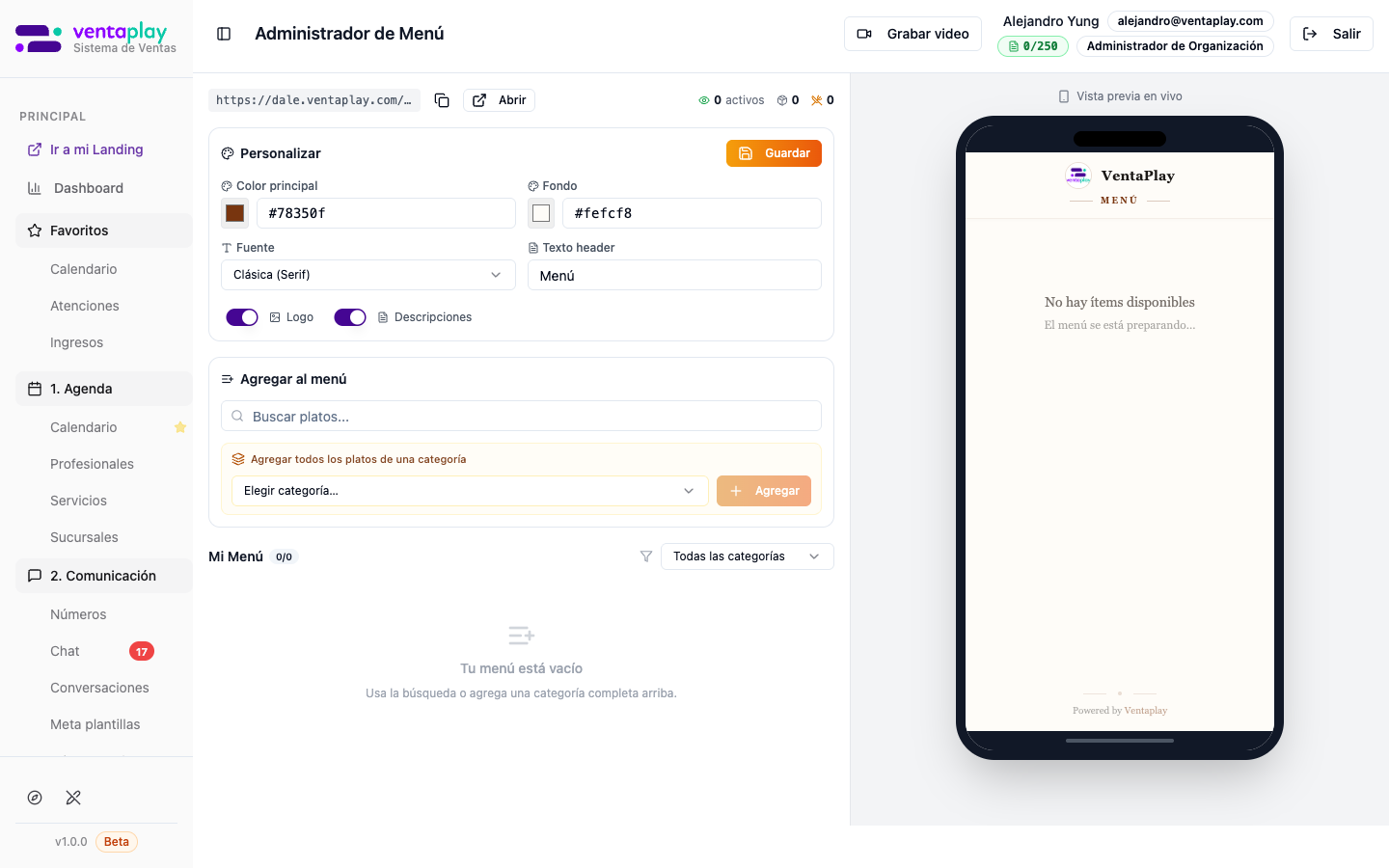 Editor de menú con preview móvil