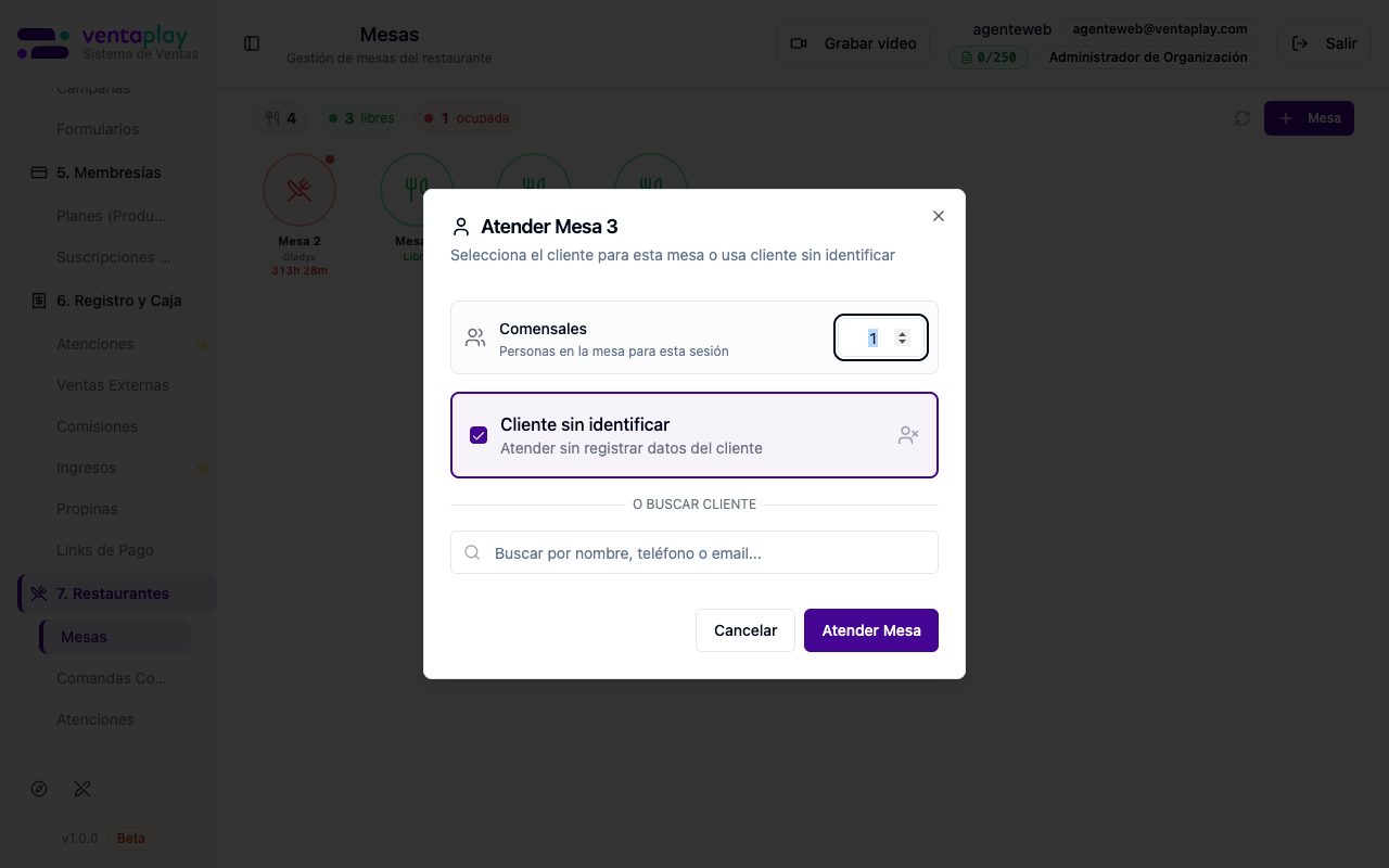 Modal iniciar atención en mesa libre
