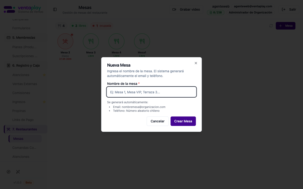 Modal crear nueva mesa