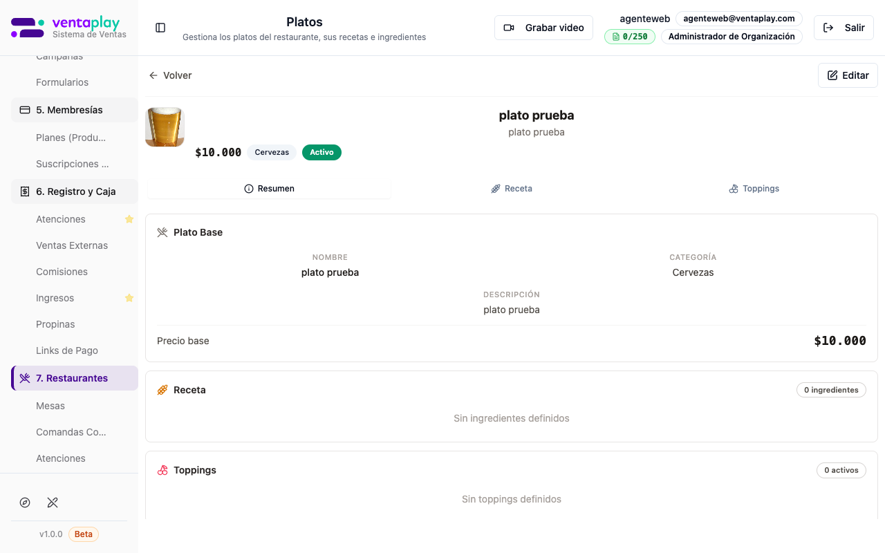 Vista detalle 'plato prueba' con Receta/Toppings