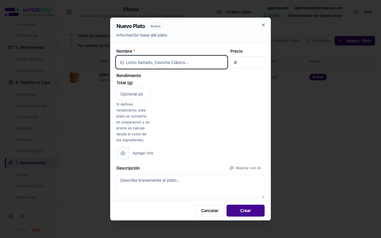 Modal Nuevo Plato con 'Mejorar con IA'