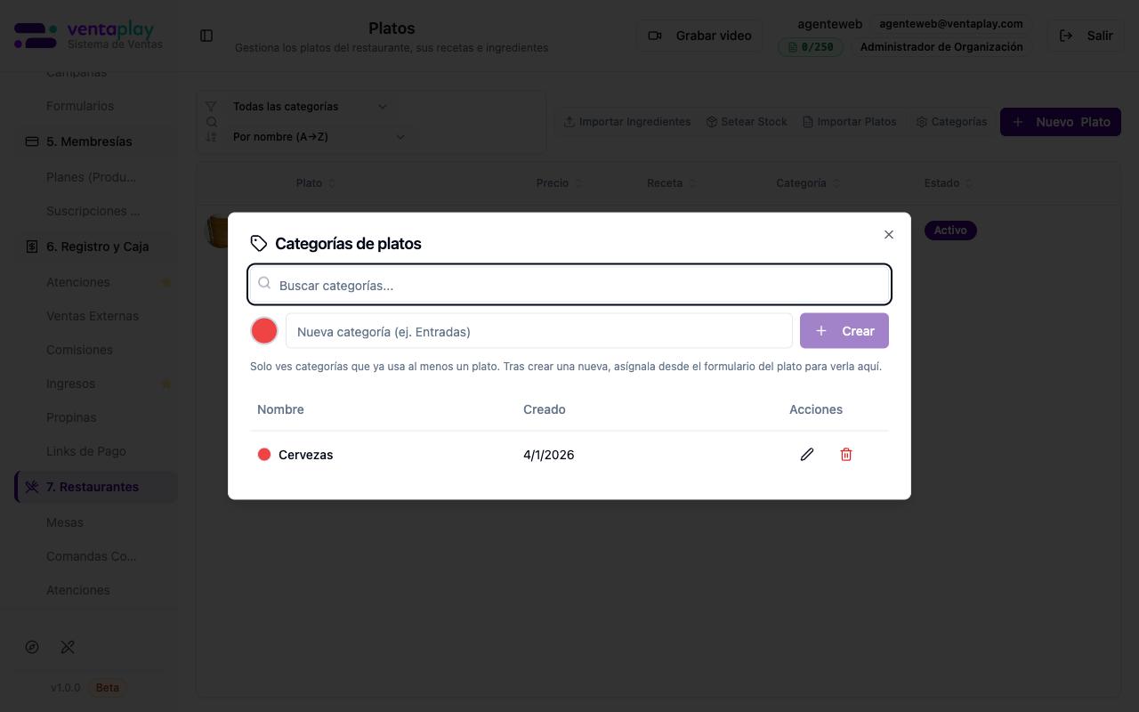 Modal Categorías de platos (Cervezas)
