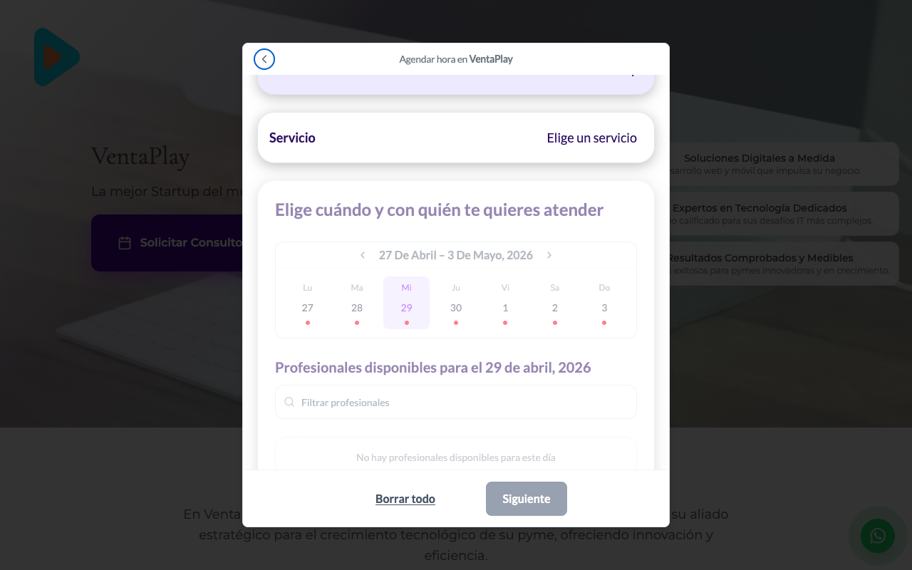 Modal agendamiento al click en Solicitar Consultoría