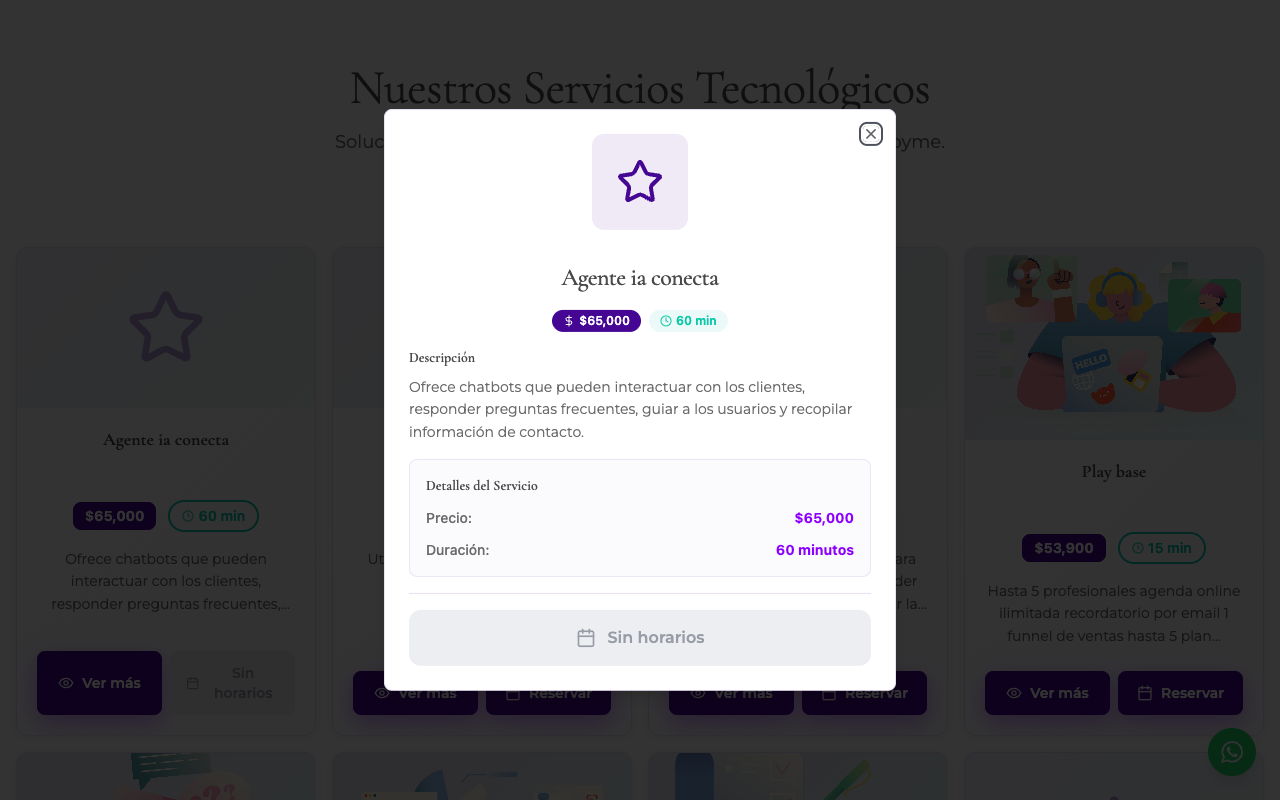 Modal detalle servicio 'Agente ia conecta' ($65.000)