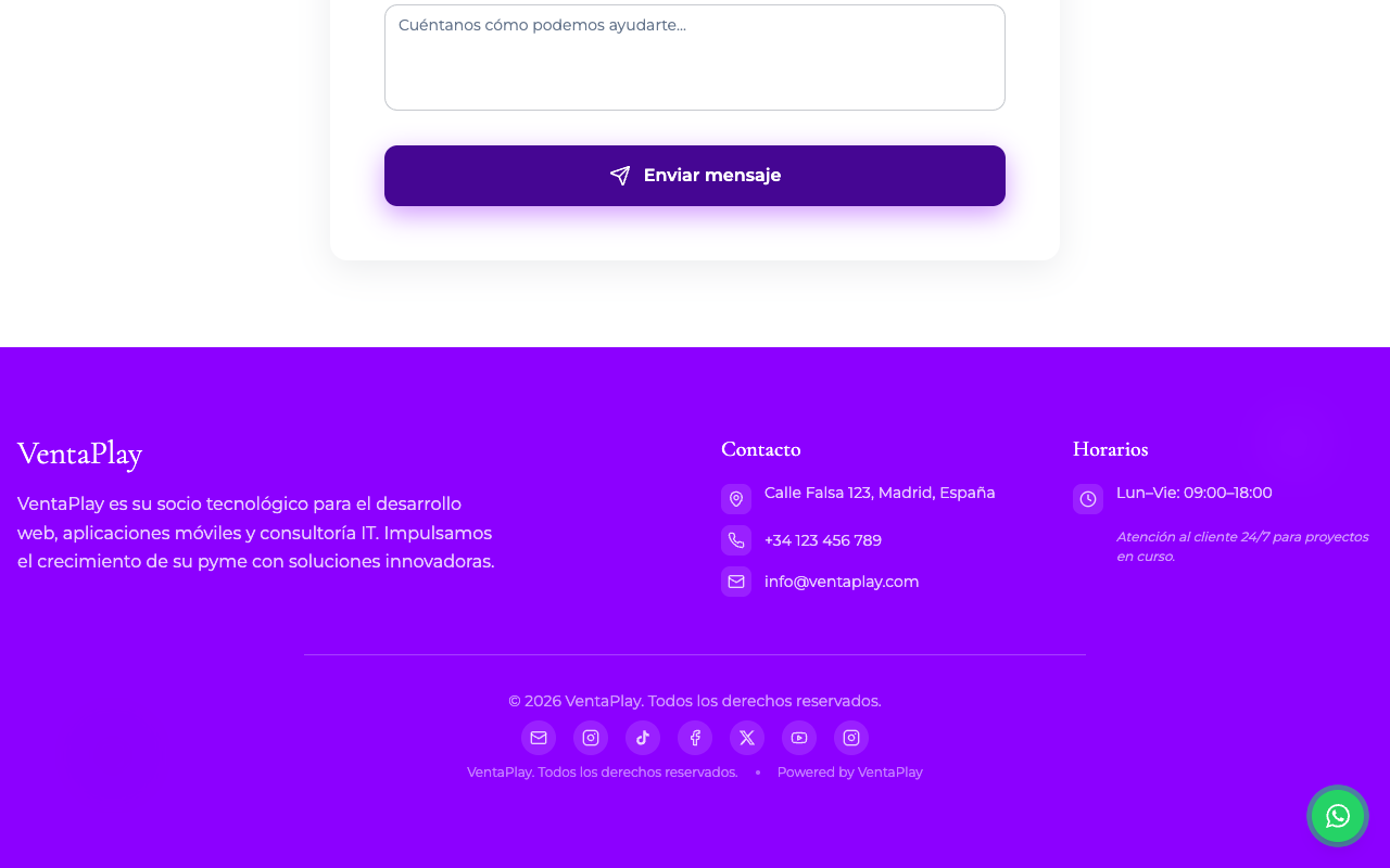 Footer con botón WhatsApp flotante