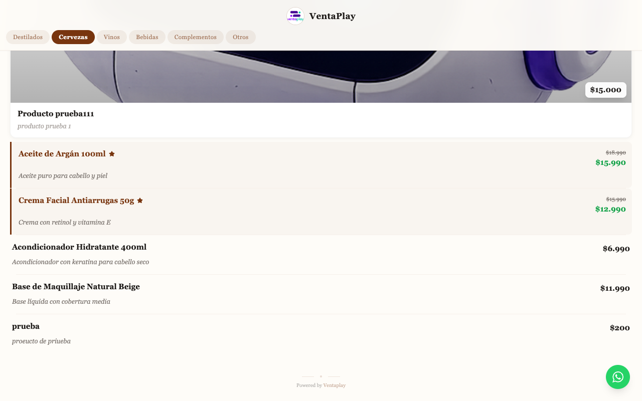 Footer con Powered by Ventaplay y WhatsApp